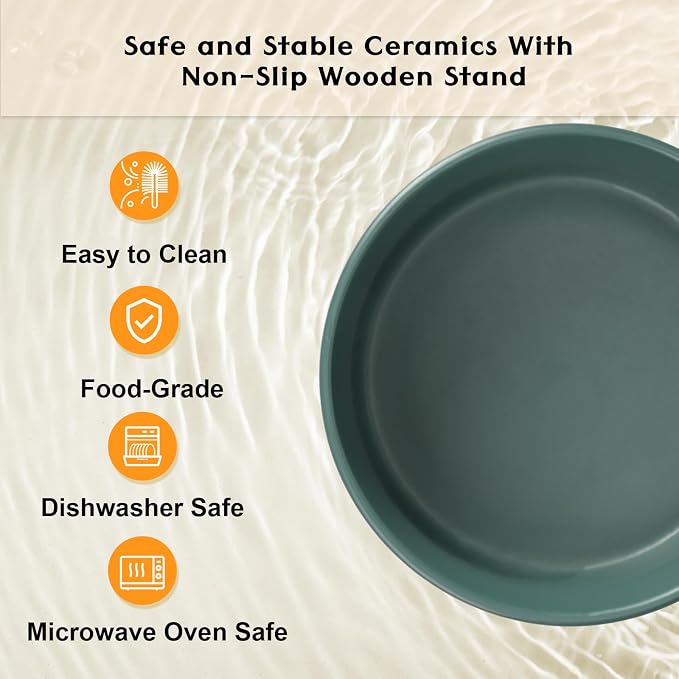 SPUNKYJUNKY Ceramic Elevated Dog Bowls 2 Pack - 5.1inch Raised Dog Bowls with Non-Slip Wooden Stand for Small Dogs Dishwasher Safe(Green,13.5OZ*2)