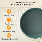 SPUNKYJUNKY Ceramic Elevated Dog Bowls 2 Pack - 8.3inch Raised Dog Bowls with Non-Slip Wooden Stand for Large Dogs Dishwasher Safe(Green,60OZ*2)
