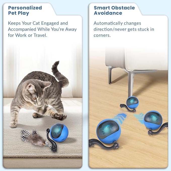 Interactive Cat Toy Ball, Automatic Self-Rolling Cat Toy with Feather Tail, Rechargeable Smart Cat Ball for Indoor Cats