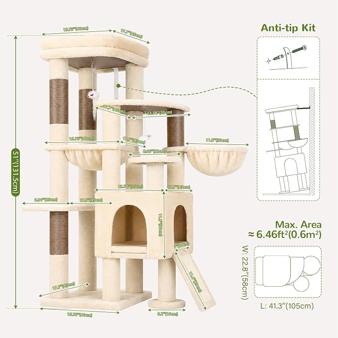 Globlazer S51 Sturdy Cat Tree for Indoor Large Cats, Beige | 51in Cat Tower with 4 Scratching Posts, Large Cat Tree with hammock for Cats Large Adult, Hanging Baskets, Top Perch