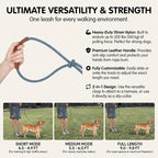 Hands Free Multifunctional Dog Leash for 1 or 2 Dogs, 9.8 ft, Tapestry Blue | Waist, crossbody, or handheld lead with leather handle to walk run hike train. Double attachments for 2 dogs up to 125lbs.