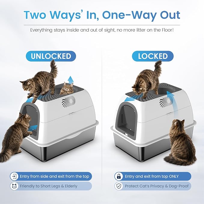 SuzziPaws Stainless Steel Litter Box Top-Entry Dog-Proof for Multi-Cats | XL Dark Grey Hooded Cat Litter Box with Filter & Scoop, Anti-Leakage High Walls Reduce Tracking for Multi-Cat Homes