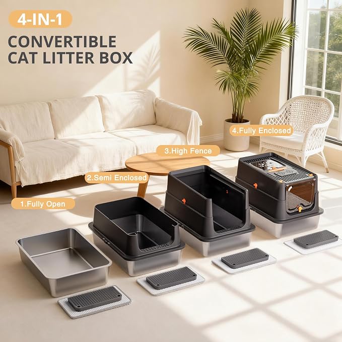 Stainless Steel Litter Box with Lid, XL Enclosed Cat Litter Box for Big Cats, Easy to Clean High Sided Metal Kitty, Front & Top Entry, Scoop, Mat& Foot Pedal - Black
