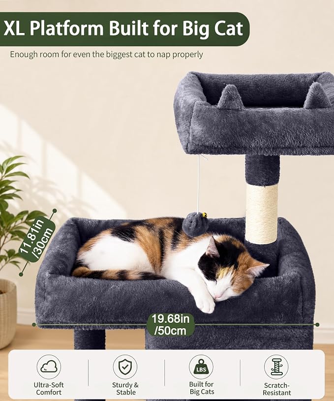 68 Inches Heavy Duty Cat Tree for Indoor Cat, Big Cat Tower | Cat Houses & Tree Tower with 2 Condos, Sisal Scratching Posts & Large Platform for Indoor Cats Large Adult, Dark Grey