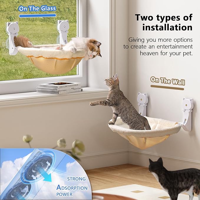 Cat Window Perch Cordless, Foldable & Stable Cat Beds- Breathable Cat Window Hammock for Overlooking, Sunbathing and Climbing - Maximum Hold Up to 40lb