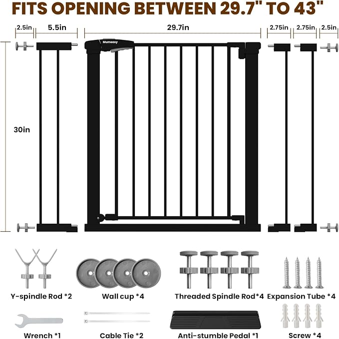 Mumeasy 29.7-43" Adjustable Baby Gate, Auto Close Dog Gate for Doorways | No drill installation, one hand operation, adjustable width, secure locking system, for dogs pets babies toddlers