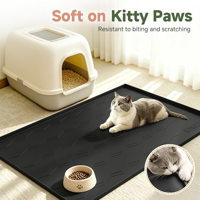 Songrey Silicone Cat Litter Mat 24" x 16", Large Litter Trapping Mat, Black | Waterproof, Urine-Proof Litter Box Mat for Floor, Soft on Kitty Paws, Easy To Clean, Cat Supplies, Pet Feeding Mat