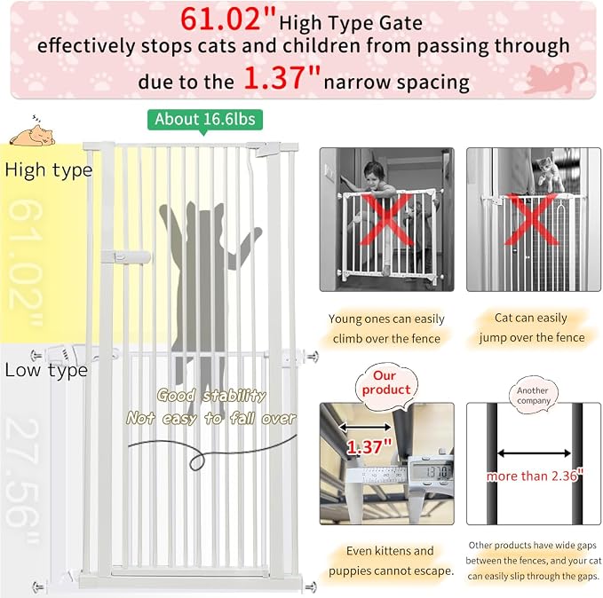 Lumizone Extra Tall Cat Gate 61.02" High 29.92"-34.24" Wide Pet Gate White | Dog Gate for Doorway Hallway Stairs Pressure Mounted Extra Wide 1.37" Gap No Drilling Auto-Close One-Handed Operation
