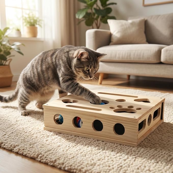Cat Scratch Puzzle Enrichment Box, Wood Cat Nail File Box with Sandpaper Inside, Claw Care Toy for Indoor Cats with 3 Bell Balls & Teaser Wand, Alternative to Clippers & Grinders