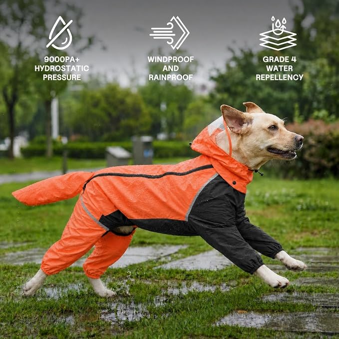 Full-Body Dog Raincoat with Detachable Hood, Waterproof Reflective Dog Rain Jacket with Tail Cover, Adjustable Fit and Leash Portal for Rainy Walks, Orange, Large