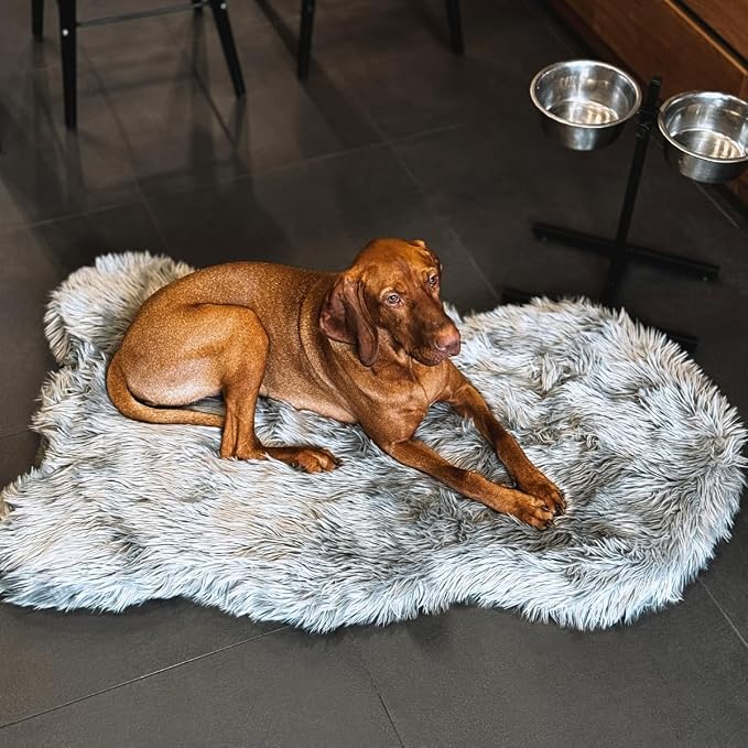 Faux Fur Orthopedic Dog Bed, Memory Foam, Grey 50"x30" | Plush Washable Dog Rug with Waterproof Machine Washable Cover, Calming for Anxious Senior Dogs, Relieves Joints