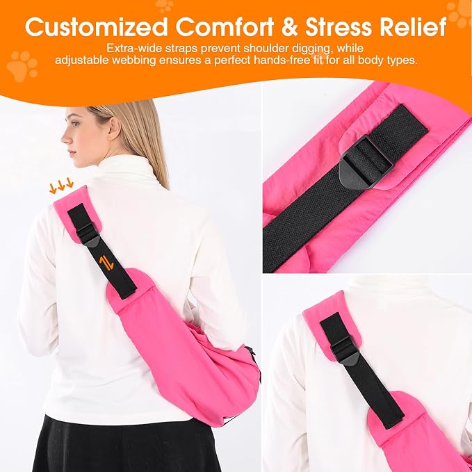Pet Sling Carrier for Small Dogs and Cats 5-20lbs, Dog Sling with Adjustable Depth, Breathable Air Mesh Puppy Travel Bag, Water Resistant Fabric, Double Safety Leash, Machine Washable,Fuchsia