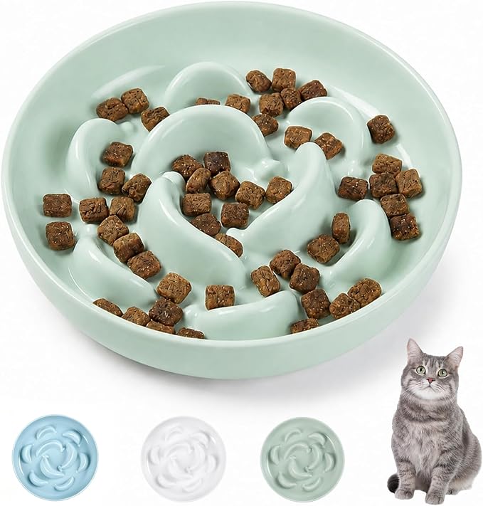 Melamine Cat Slow Feeder Bowl - Pastel Series Cat Plate for Dry and Wet Food - Cute Maze Feeder Dish for Healthy Eating - Dishwasher Safe - 6.3''W x 1.2''H - 7 OZ - Mint Green