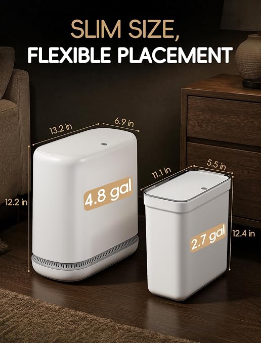 Small Bathroom Trash Can with Lid, Dog Proof Slim Press Top Garbage Can, White Plastic Narrow Waste Basket, for Bathroom Bedroom Office 2 Pack Set with 4.8 Gal and 3.3 Gal