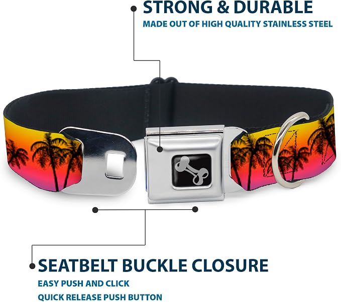 Dog Collar Seatbelt Buckle Palm Trees Sunset Fade Black 13 to 18 Inches 1.5 Inch Wide | Palm Trees Sunset Fade Black Durable Metal Adjustable ID Tag Ring