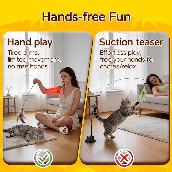 Interactive Cat Toys for Indoor Cats, Feather Wand | Flying Bird Cat Toy with 360° Movement, Enrichment Cat Teaser with 6.5cm Suction Cup, Self-Play Cat Toy for Bored Cats