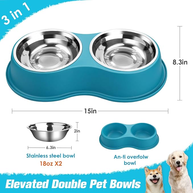 Epetslove Stainless Steel Dog Bowls Double Non-Slip Dog Water and Food Bowl | Pet Feeder Bowls, Dog Dishes, Raised Feeding Design, Double Bowls Set, For Puppies, Medium Dogs and Cats, Outdoor / Indoor