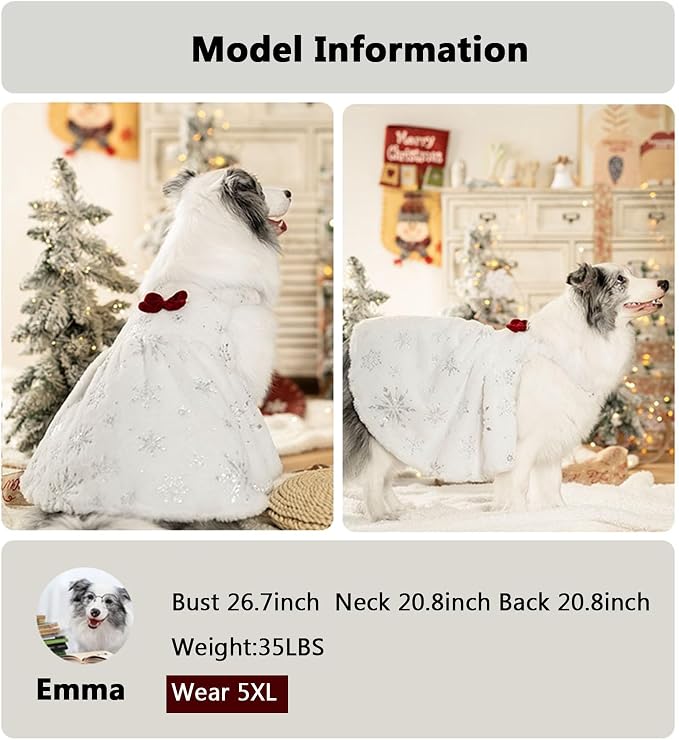 FLAdorepet White Large Dog Christmas Snowflake Dress Outfit Costume,4XL | Ideal for Medium Large Giant Dogs;Prefect for Christmas Holiday Wedding Birthday;Soft Thick Fleece Warm Winter Dog Clothes