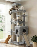 Heybly 64.2" Heavy-Duty Cat Tree for Large Cats with Wide Base HCT027W | Indoor Cat Tower with Scratching Posts & Board, Cat Furniture with Big Platforms, Extra-Large Hammock, Light Gray