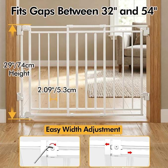Extra Wide 29" Tall Baby & Dog Gate,32-54" Wide Hardware Mount Gate,White | Auto-Close design,Two-Way Swing, No Bottom Bar,Must Drill to Install