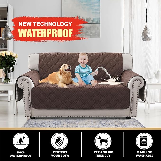 100% Waterproof Loveseat Covers for 2 Cushion Couch Sofa Covers Waterproof and Washable Sofa Slipcover with Side Pocket Furniture Protector with Elastic Straps(Loveseat 48", Brown)