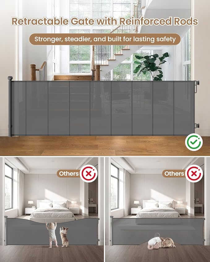 100" Extra Wide Retractable Baby Gate, Extra Long Indoor Pet Gate | 34“ Tall Mesh Dog Gate with 8 Reinforced Rods for Added Stability, for Family Rooms, Open Concept Areas & Play Areas, Gray