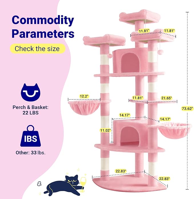 Allewie 73in Fan-Shaped Space-Saving Corner Cat Tower/Multi-Level Tall Cat Tree for Indoor Kitties/Cozy Baskets/Condos/House/Perches/Sisal Scratching Posts/Pet Activity Center/Pink