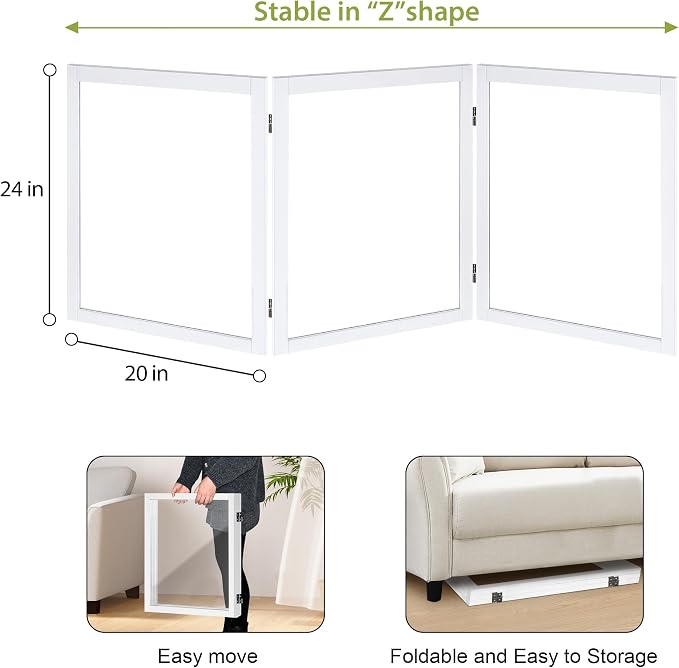 LZRS Clear Dog Gate for Indoor Use - Transparent Pet Fence with Solid Hardwood and Plastic Board, Stylish & Durable freestanding Pet Gate for Doorways, Stairs and Hallways, Off White
