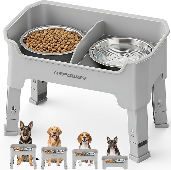 URPOWER Mess Proof Elevated Dog Bowls, Splash Guard Raised Bowl Stand | 4 Height Adjustable Raised Stand with 2 Stainless Steel Food Bowls & Licking Plate for Small, Medium & Large Dogs