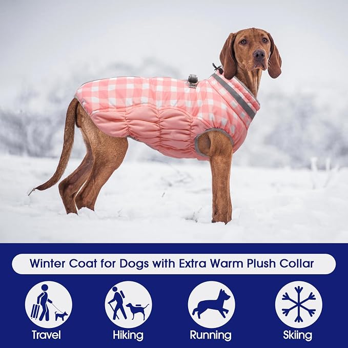 FUAMEY Dog Winter Coat Fleece Warm Large Dog Coat with Harness Built in | Dogs Cold Weather Fleece Coats Zip up Reflective Dog Winter Vest Windproof Water Resistant Snow Coats Pink Plaid XXL