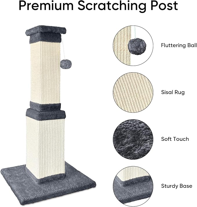 Cat Scratching Post for Indoor Cats, 32Inch Sisal Cat Scratcher | Wide Stable Base, Full-Body Stretching Cat Scratch Post, Heavy Duty Post for Cat Adults to Protect Furniture, Deep Gray