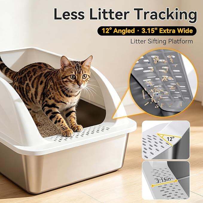 2-Pack XL Stainless Steel Cat Litter Box for Large Multi-Cat, Gray | High Sides, Extra Large Tall Wall Open Top Deep Metal Pan, Anti-Leak Non-Stick Odor Control, 2 Scoops Included