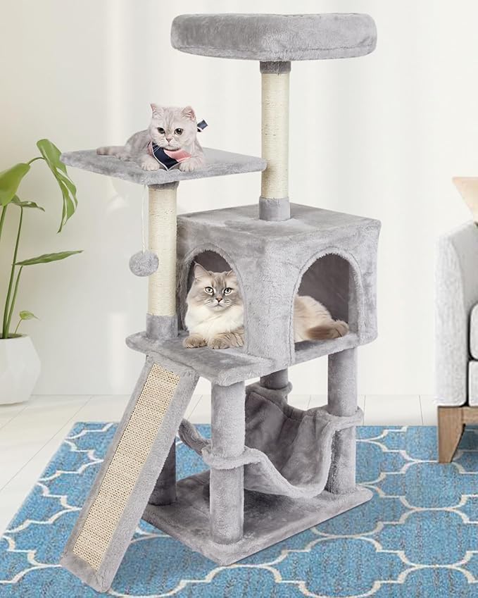 Cut Cat Tree Cat Tower Condo with Hammock Kittens Scratching Post Grey | MIAO PAW Cat Bed For Indoor Modern Activity Tree for Small Cat with Board Hanging Ball Play House