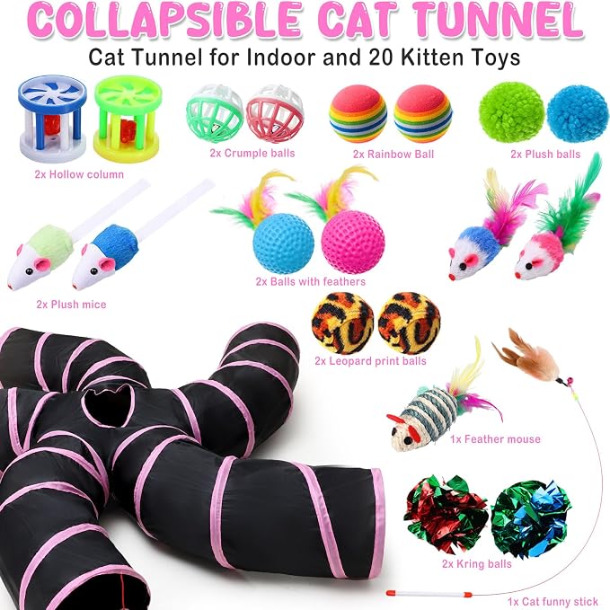 Poen 21 Pcs Cat Tunnel for Indoor Set Collapsible 5 Way Tubes with 20 Pcs Cat Kitten Toys Interactive Feather Toy Mouse Crinkle Balls Tube for Puppy Kitten Rabbit(Pink Black)