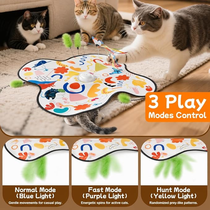 Pet's Var 3-in-1 Interactive Cat Toy for Indoor Cats, Motion Activated Automatic Cat Toy with Moving Feather, Fluttering Butterfly, Mouse Sound, Rechargeable with Bonus Teaser