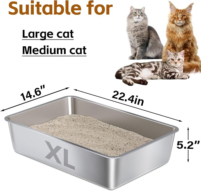 Stainless Steel Litter Box XLarge Big Cats,XL Metal Cat Litter Box | Easy to Clean,Cat Litter Box，Stainless Steel LitterBox for Large/Medium Cats,No Stick No Smell