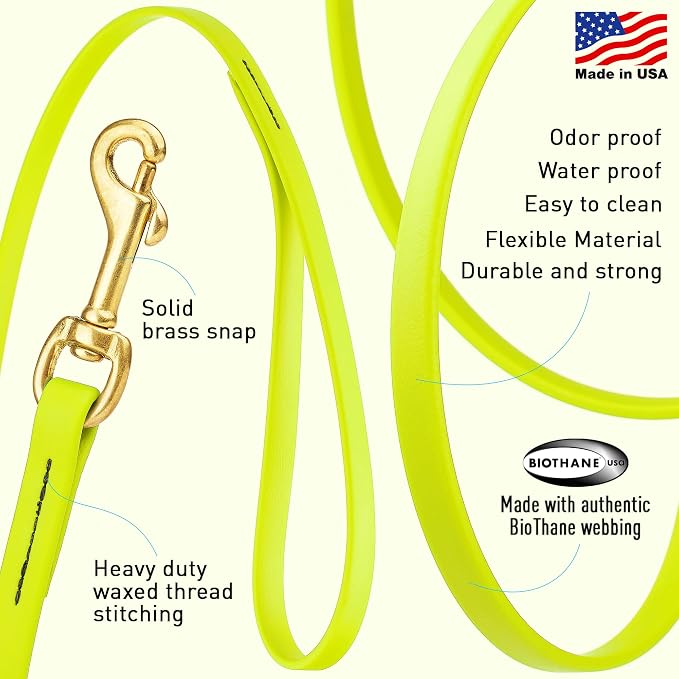 Viper Biothane K9 Working Dog Leash Waterproof Lead for Tracking Training Schutzhund Odor-Proof Long Line with Solid Brass Snap for Puppy Medium and Large Dogs, 10ft Safety Yellow