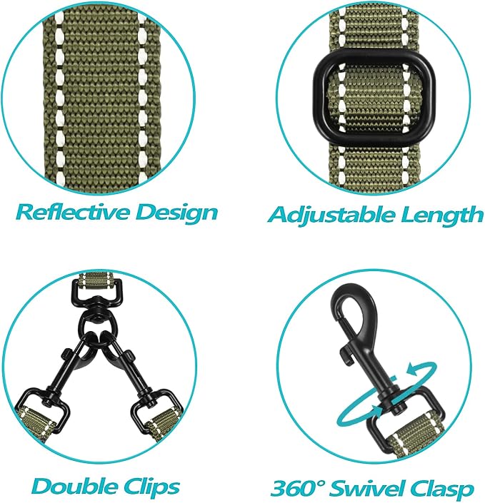 PetBonus Double Dog Leash, No Tangle Dual Leash, Walking Training Lead | 4 Comfortable Padded Handles, Adjustable, Reflective, For Two Large Medium Dogs, Collapsible Bowl and Waste Bags, Army Green