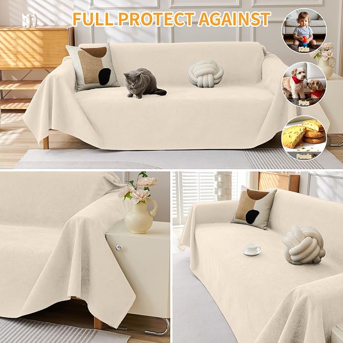 Deep Dream Cat-Scratch Resistant Couch Cover, Waterproof Sofa Cover for 3 Cushion Couch Washable, Pet Friendly Couch Protectors Anti Slip Thickened Sofa Slipcovers for Dogs Pets, 91" x 150", Beige