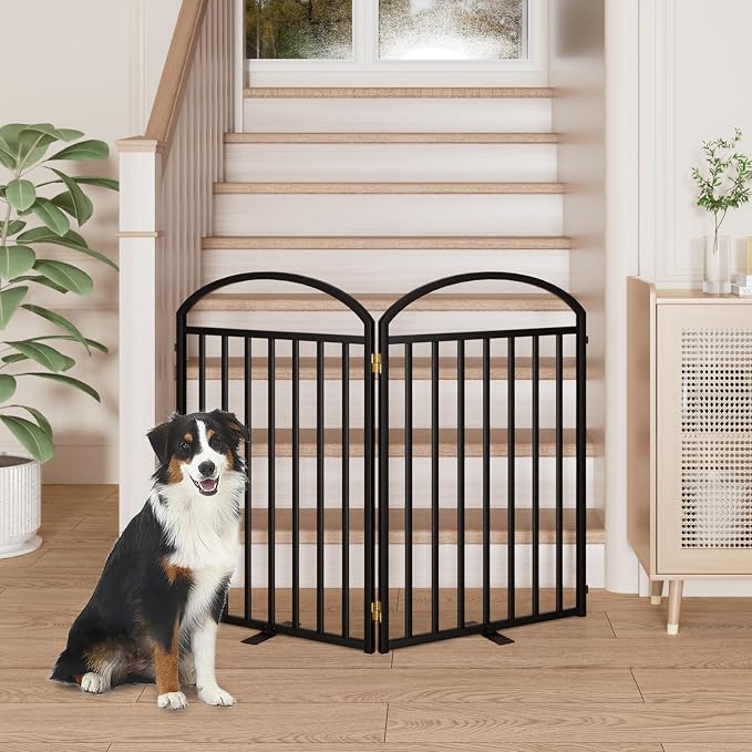 SNUOWU 2 Panels Full Matel Freestanding Dog Gates, 48" Extra Wide 32" Tall Free Standing Dog Pet Gate for Indoor & Outdoor. Foldable Pet Fences for Doorways, House, Stairs, Porch, Deck, Yard