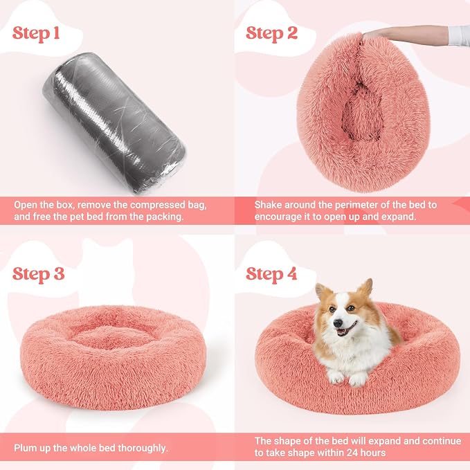 rabbitgoo Calming Cat Beds for Indoor Cats, 30 inches, Pink | Soft Warm Donut, Fluffy Faux Fur, Supportive Raised Rim, Anti-slip, Machine Washable, Up to 45lbs Pets