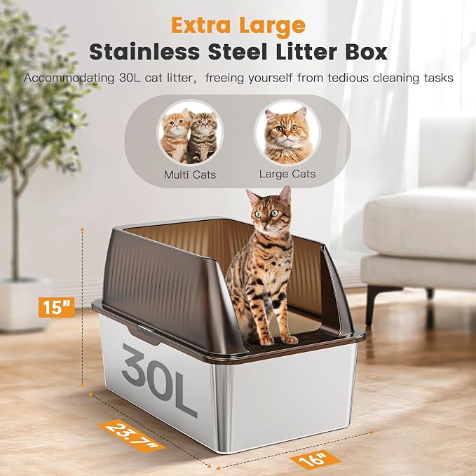 Tripamin 15” XL Stainless Steel Cat Litter Box Enclosure, XXL Stainless Steel High Sides with Lid, Extra Large Metal Cat Litter Box, Anti Leakage, Non-Sticky, Easy Cleaning, Includes Scoop