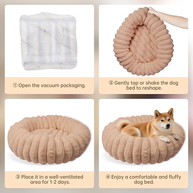 Donut Dog and Cat Bed, Luxurious Comfortable Faux Rabbit Fur Pet Beds, Round Anti-Anxiety Calming Puppy Kitten Bed with Anti-Slip Bottom for Small Medium Dogs & Cats(23", Brown)