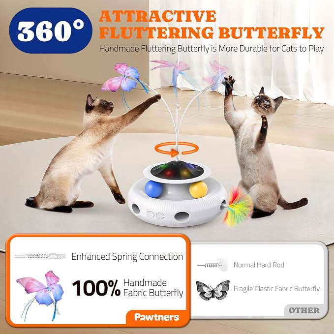 Pawtners Cat Toys, Automatic Interactive Kitten Toys for Indoor Cats, White | Fluttering Butterfly, Moving Feather, Track Balls and USB Rechargeable Powered Smart Indoor Exercise Kicker