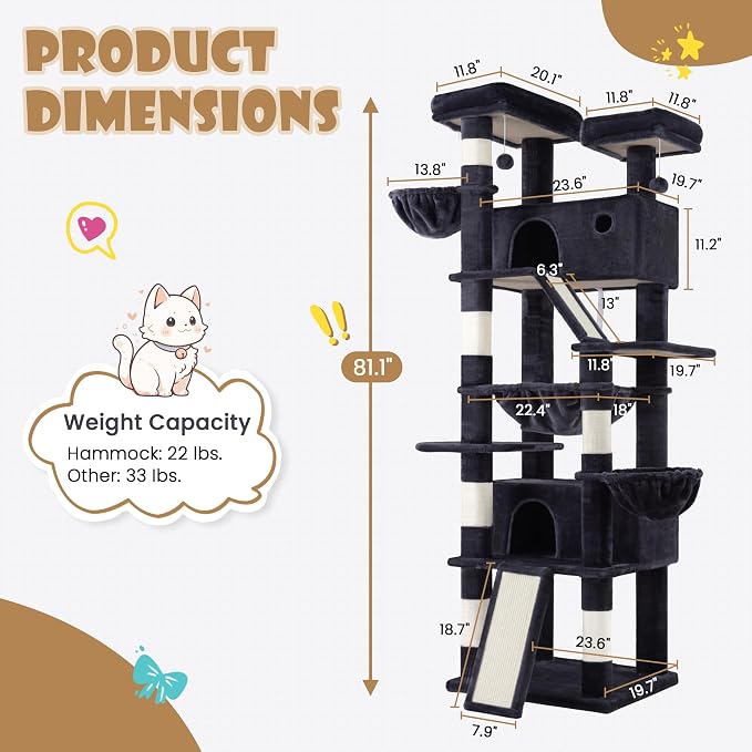 SHA CERLIN 81in Multi-Level Tall Cat Tree Tower for Indoor Kitties/Larger Cat Condo Furniture with Hammock/Cozy Pussycat Perches/Sisal Scratching Posts/Pet House/Wide Base/Dark Grey