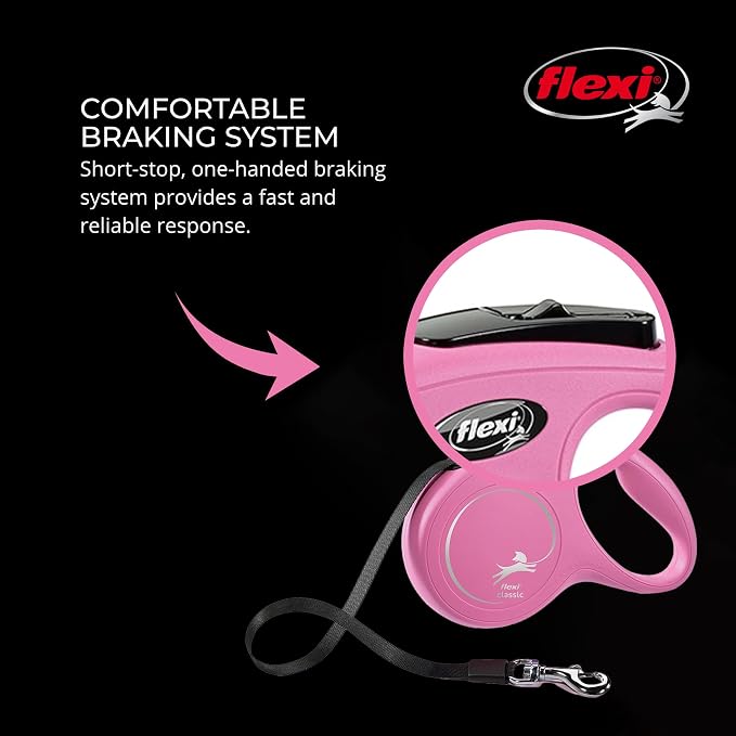 FLEXI® Classic Tape Retractable Dog Leash, Medium, 16 ft - Pink | German engineered, original flexi leash, durable quality for dogs up to 55 lbs, tangle-free, walking, reliable brake system
