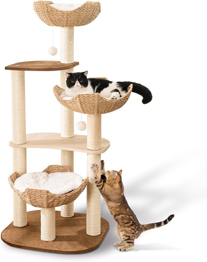 SHODMI 54-Inch Modern Cat Tree Tower, 3 Flower Basket Beds for Indoor Cats | White cloud mat, 5-level multi-cat design, 8 cm thick sisal posts, stable base, interchangeable cooling and plush mats