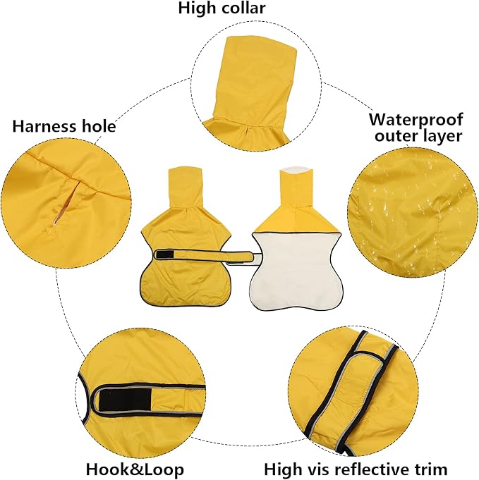 Greyhound Whippet Raincoat Waterproof with Reflective Stripe high Neck fit for Italian Greyhounds Whippets Long Back Breeds - Yellow - XL