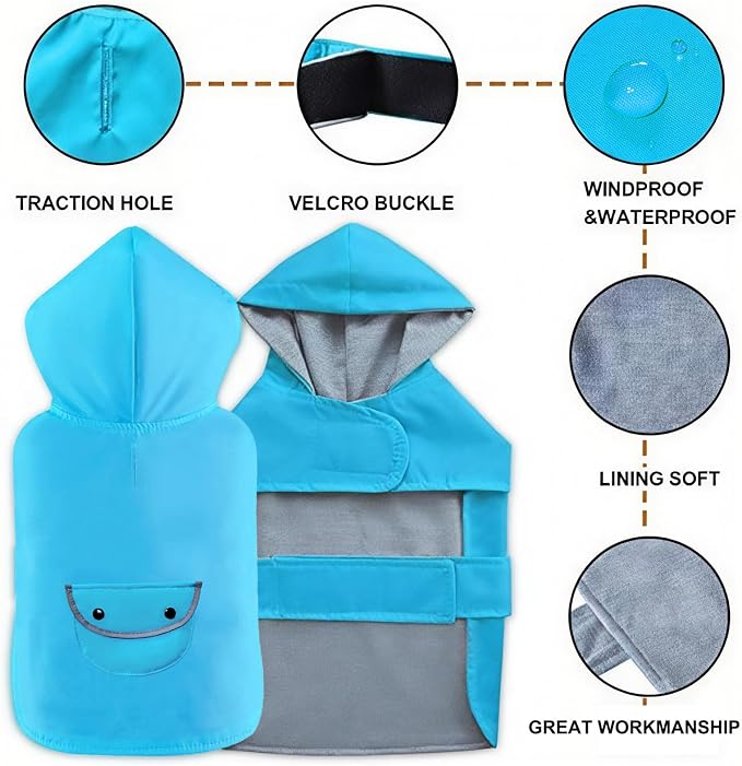Dog Raincoat Dogs Rain Jacket Reflective Poncho Rainwear Waterproof Pet Clothes Breathable Lined Pocket Hooded Leash Hole Adjustable for Puppy Small Dogs,Blue,M,Back Length 10.5 Inch