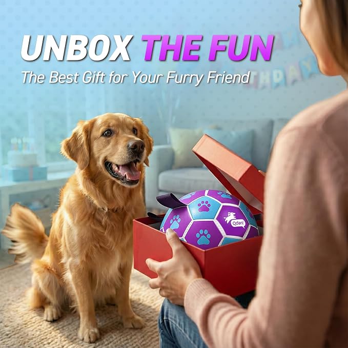 QDAN Dog Toy Soccer Ball, Durable Dog Balls for 30-90 lbs Small Medium Dogs | 8 Inch Soccer Toy with Straps, Dog Tug Toy for Tug of War, Puppy Birthday Gifts, Training Herding Balls for Outdoor, Purple